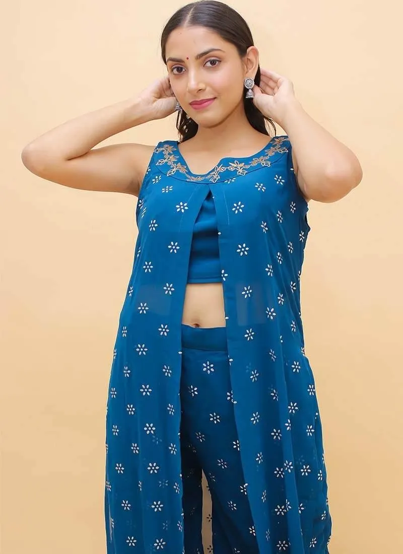 Alluring Look Georgette Fabric Blue Color Slit-Cut Palazzo Salwar Kameez