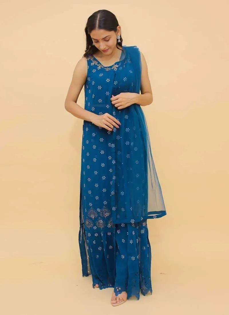 Alluring Look Georgette Fabric Blue Color Slit-Cut Palazzo Salwar Kameez
