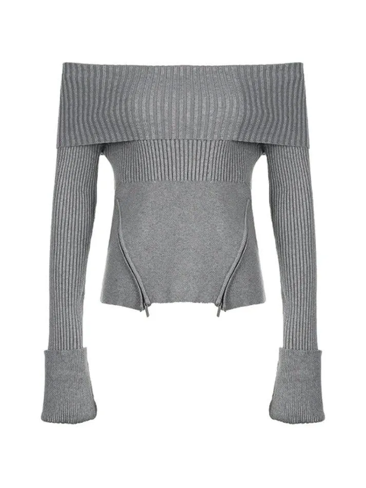 Back To School Sonicelife Solid Off Shoulder Zip Up Hem Sweater