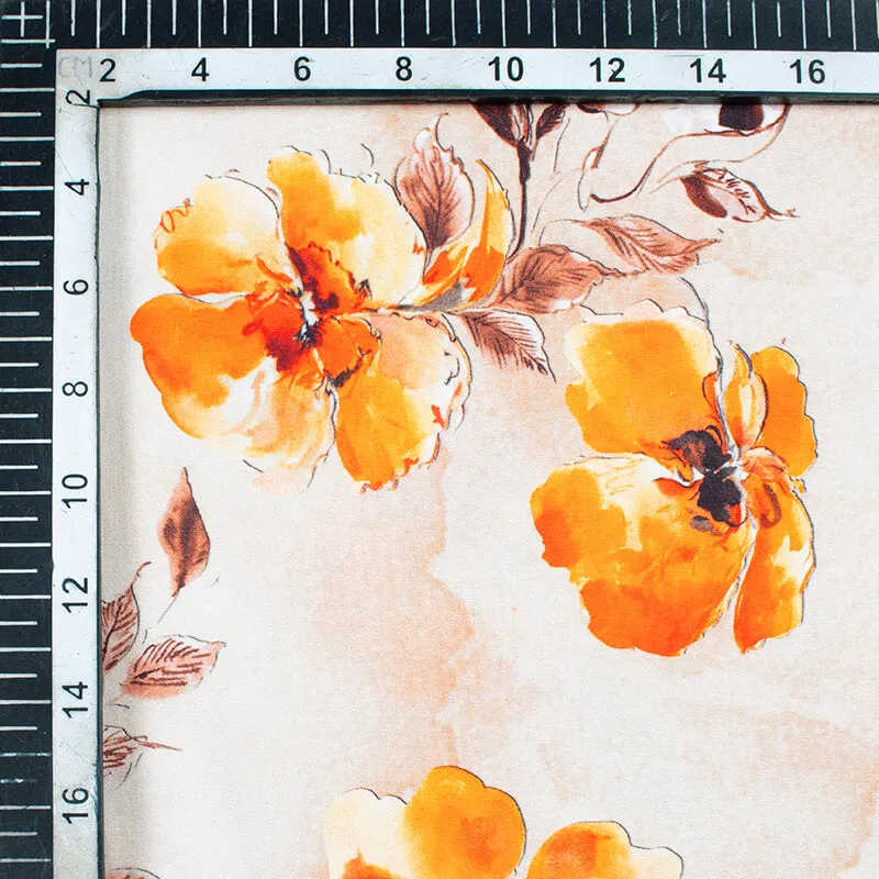 Beige And Orange Floral Pattern Digital Print Poplin Fabric (Width 58 Inches)
