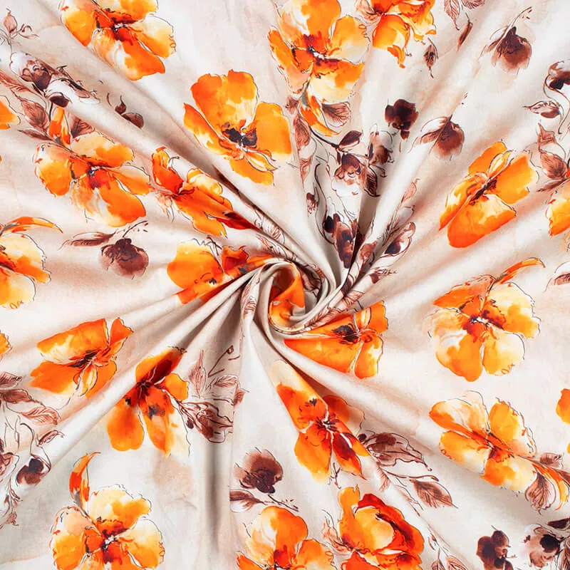 Beige And Orange Floral Pattern Digital Print Poplin Fabric (Width 58 Inches)