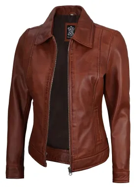 Jose Harrington Cognac Wax Women Leather Jacket
