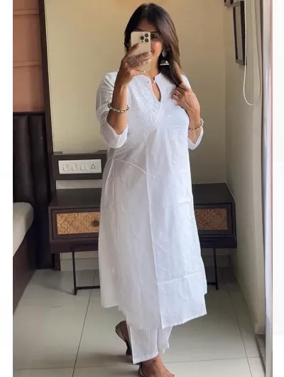 White Chikankari Cotton Straight Kurta Pant Set