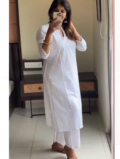 White Chikankari Cotton Straight Kurta Pant Set
